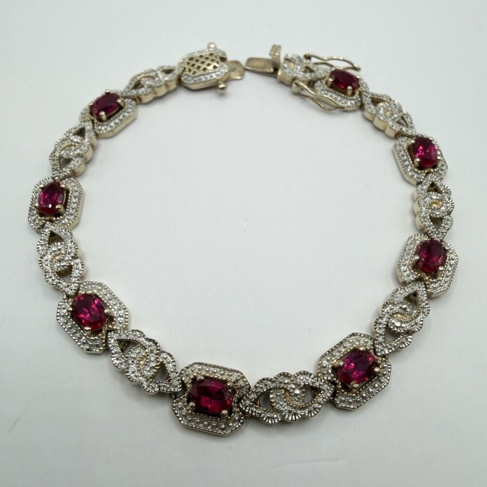 925 Sterling Silver Ruby Red CZ Halo Link Tennis Bracelet 8" 15.4g